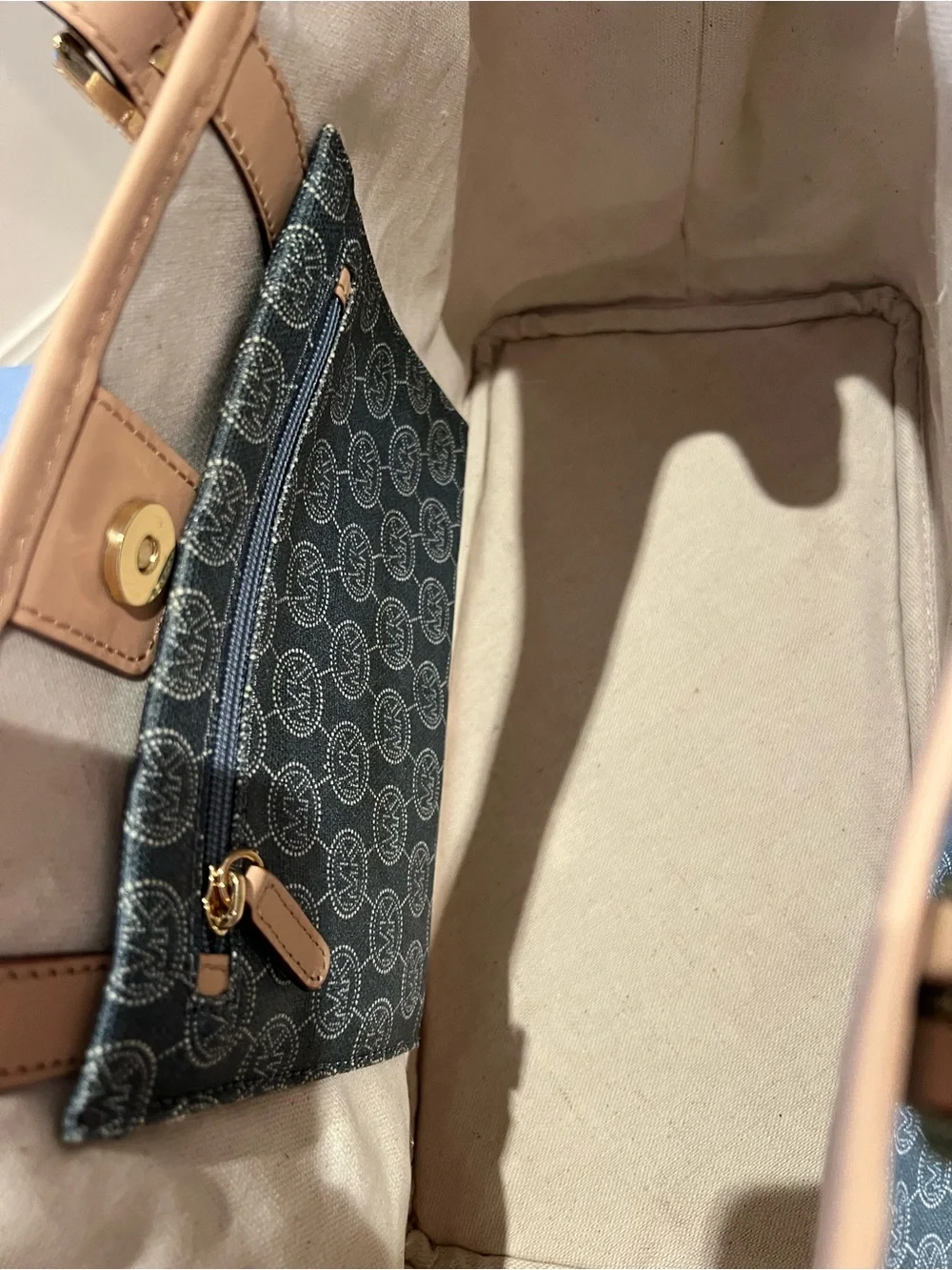 Michael Kors Blue Logo Canvas Tote with Tan Trim